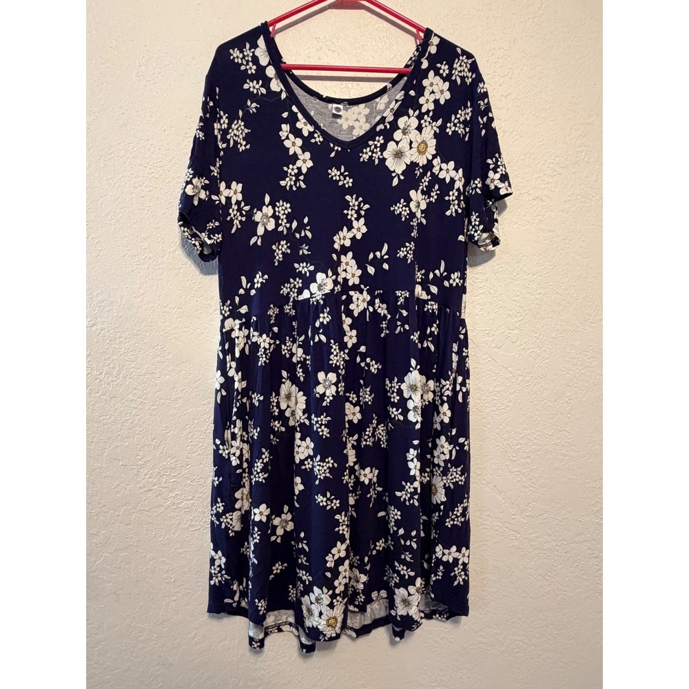 Your Style Navy Blue Floral V-Neck Babydoll Dress Short Sleeve 2XL